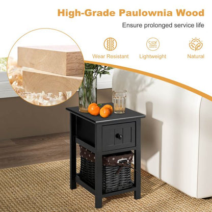 2 Tiers Wood Nightstand with 1 Drawer and 1 Baskets for Home-Black