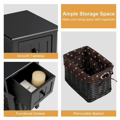 2 Tiers Wood Nightstand with 1 Drawer and 1 Baskets for Home-Black