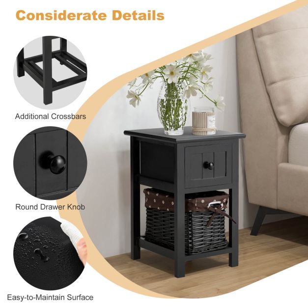 2 Tiers Wood Nightstand with 1 Drawer and 1 Baskets for Home-Black