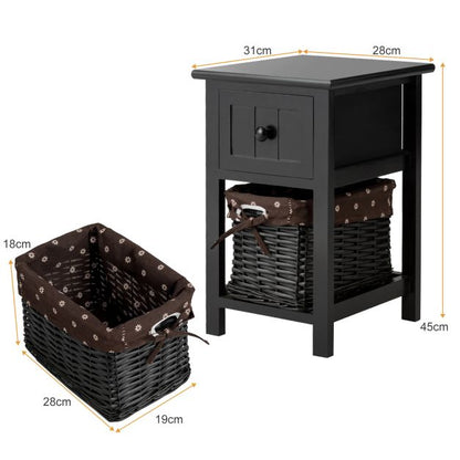 2 Tiers Wood Nightstand with 1 Drawer and 1 Baskets for Home-Black