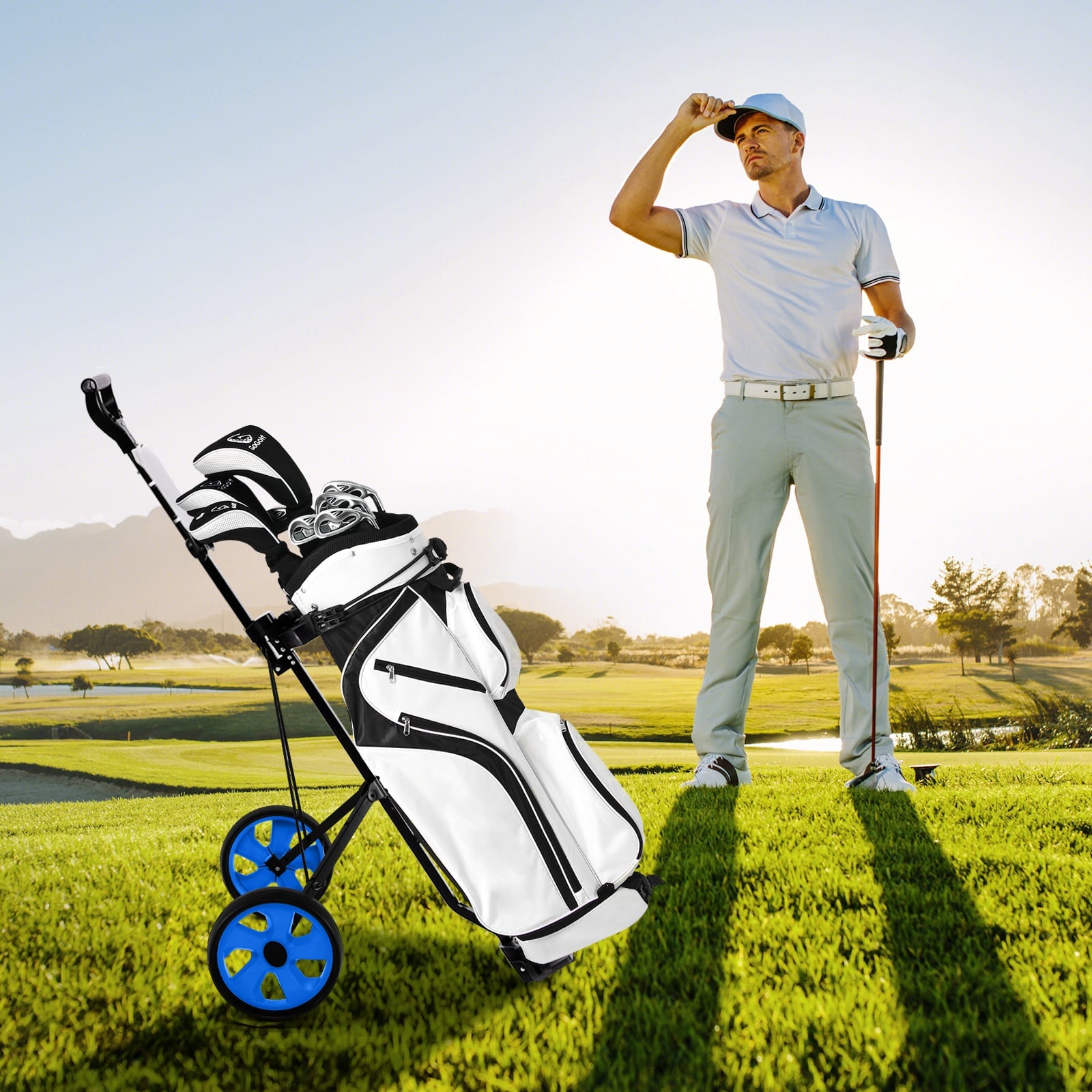 2 Wheels Foldable Golf Cart with Scoreboard-Blue
