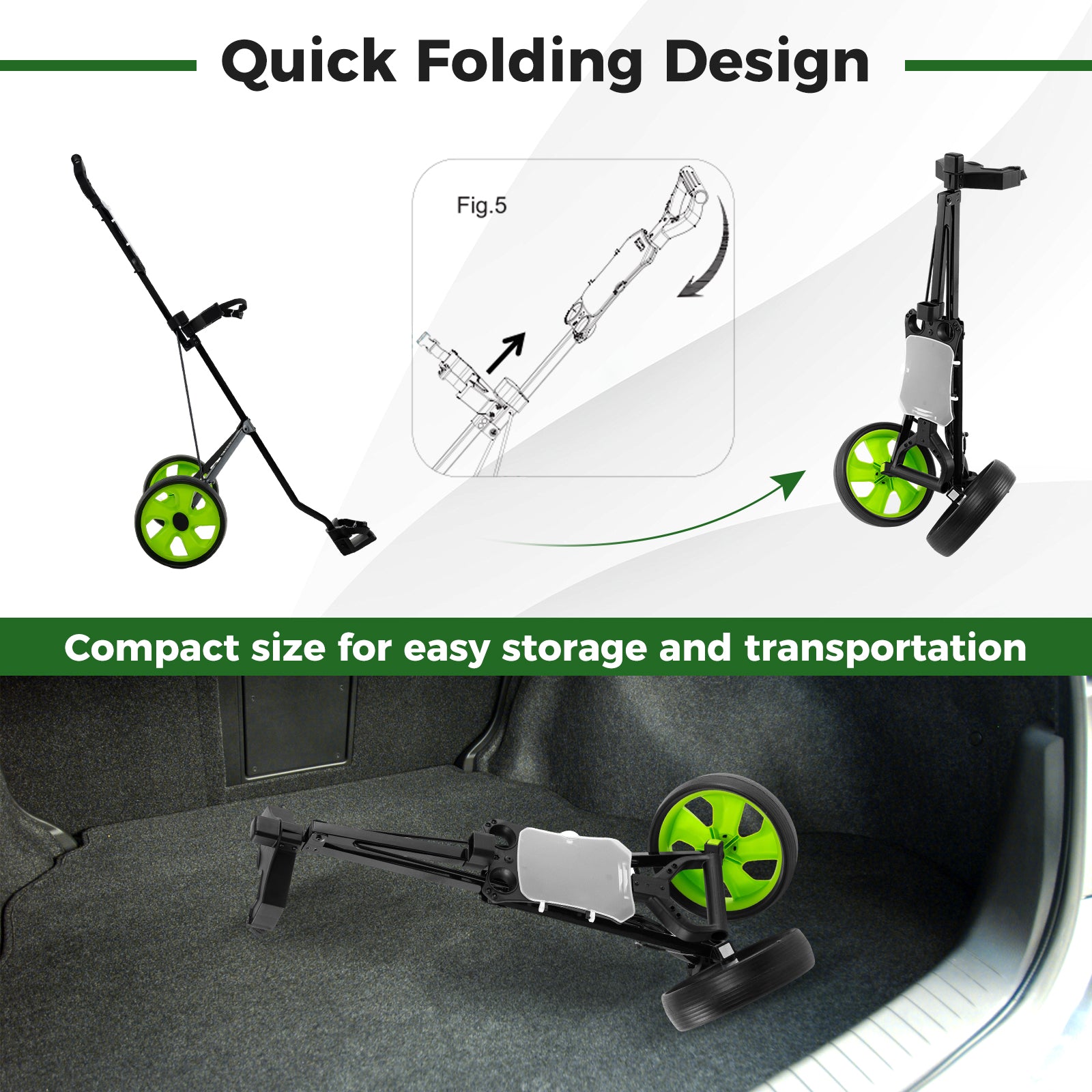 2 Wheels Foldable Golf Cart with Scoreboard-Green