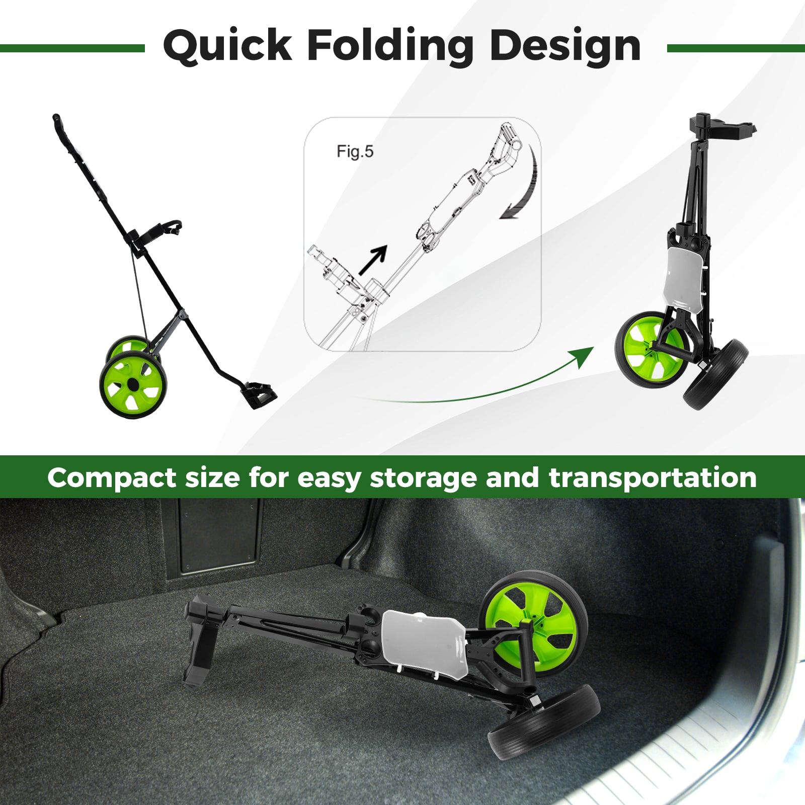 2 Wheels Foldable Golf Cart with Scoreboard-Green