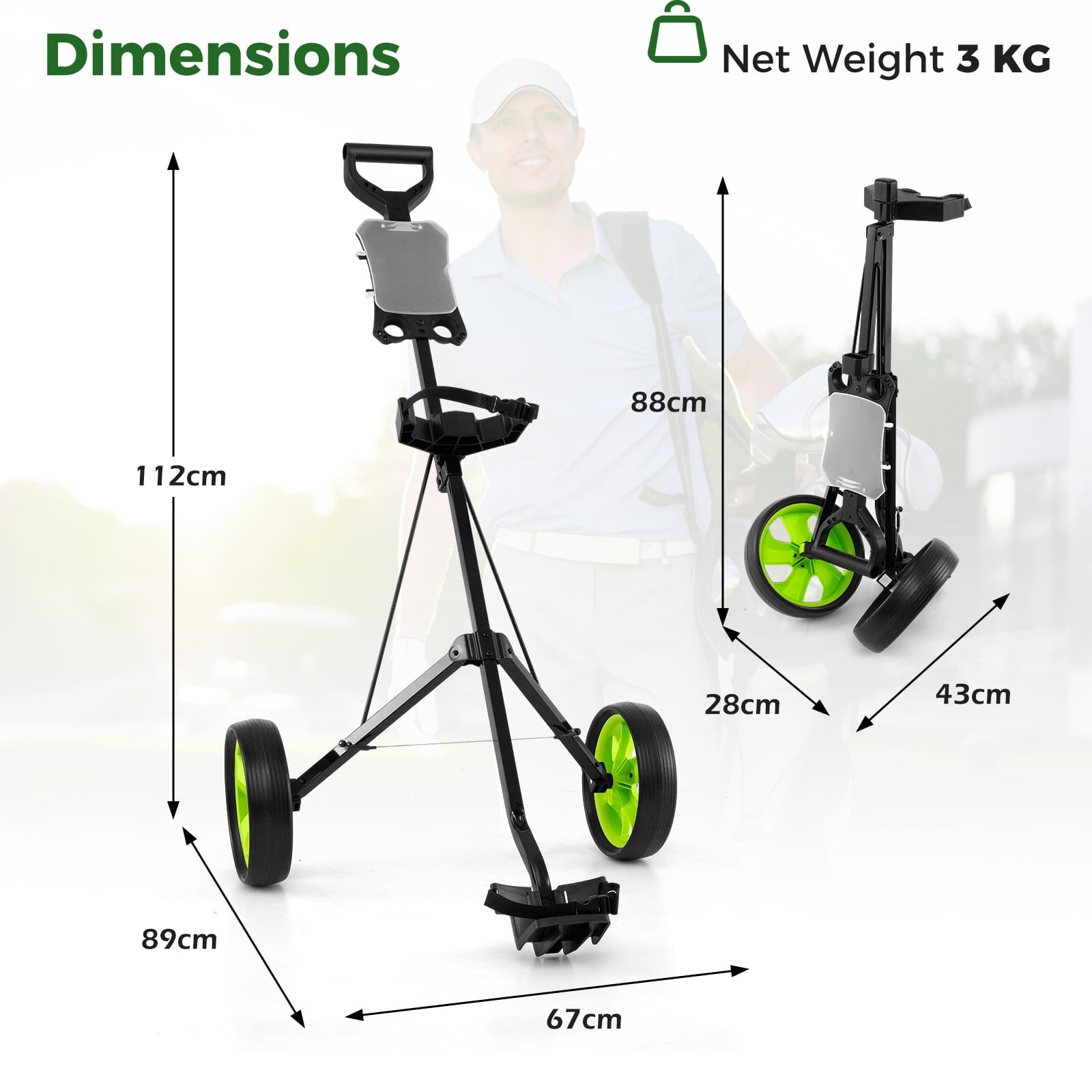 2 Wheels Foldable Golf Cart with Scoreboard-Green