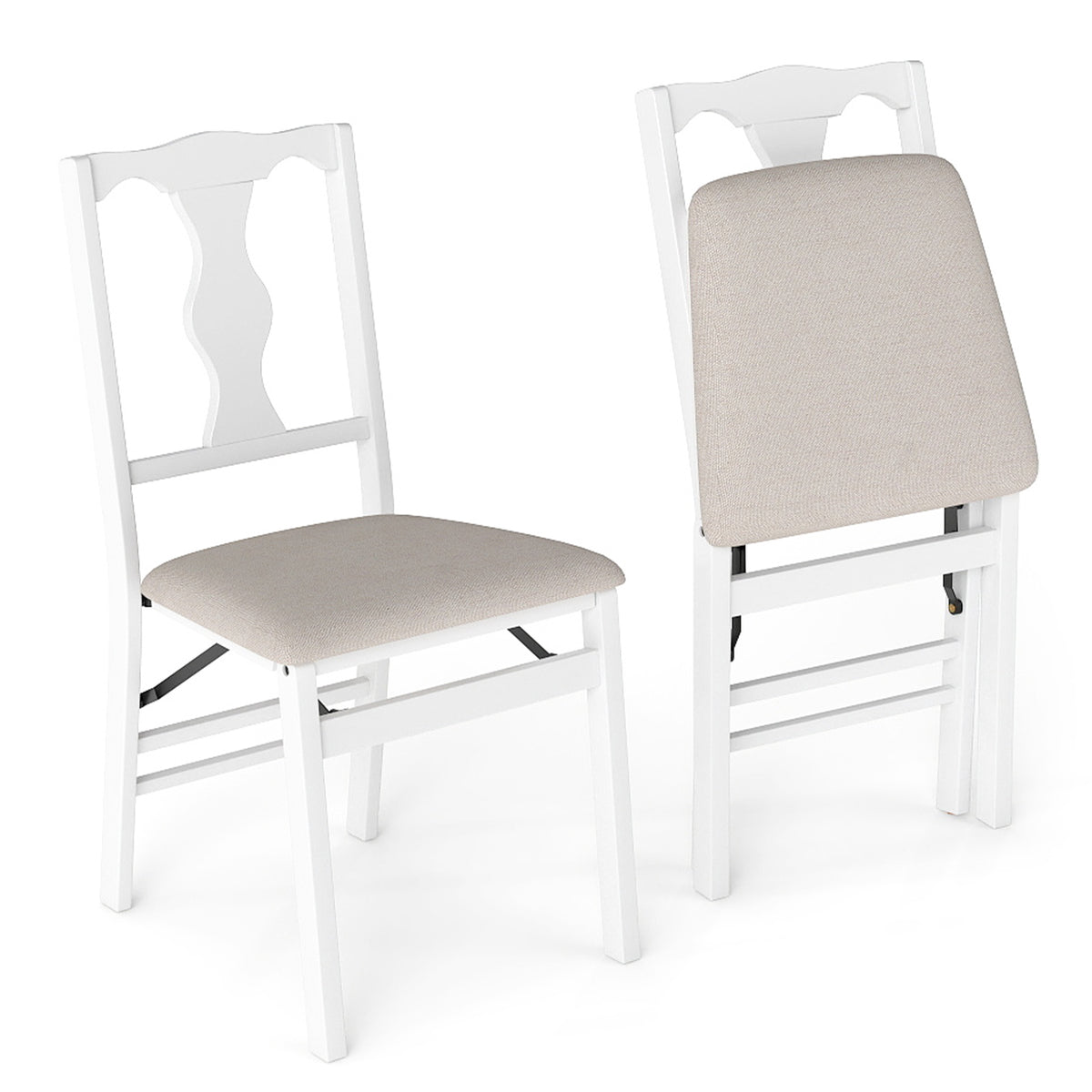 Set of 2 Folding Dining Chairs with Soft Padded Seat and Smooth Solid Backrest-White