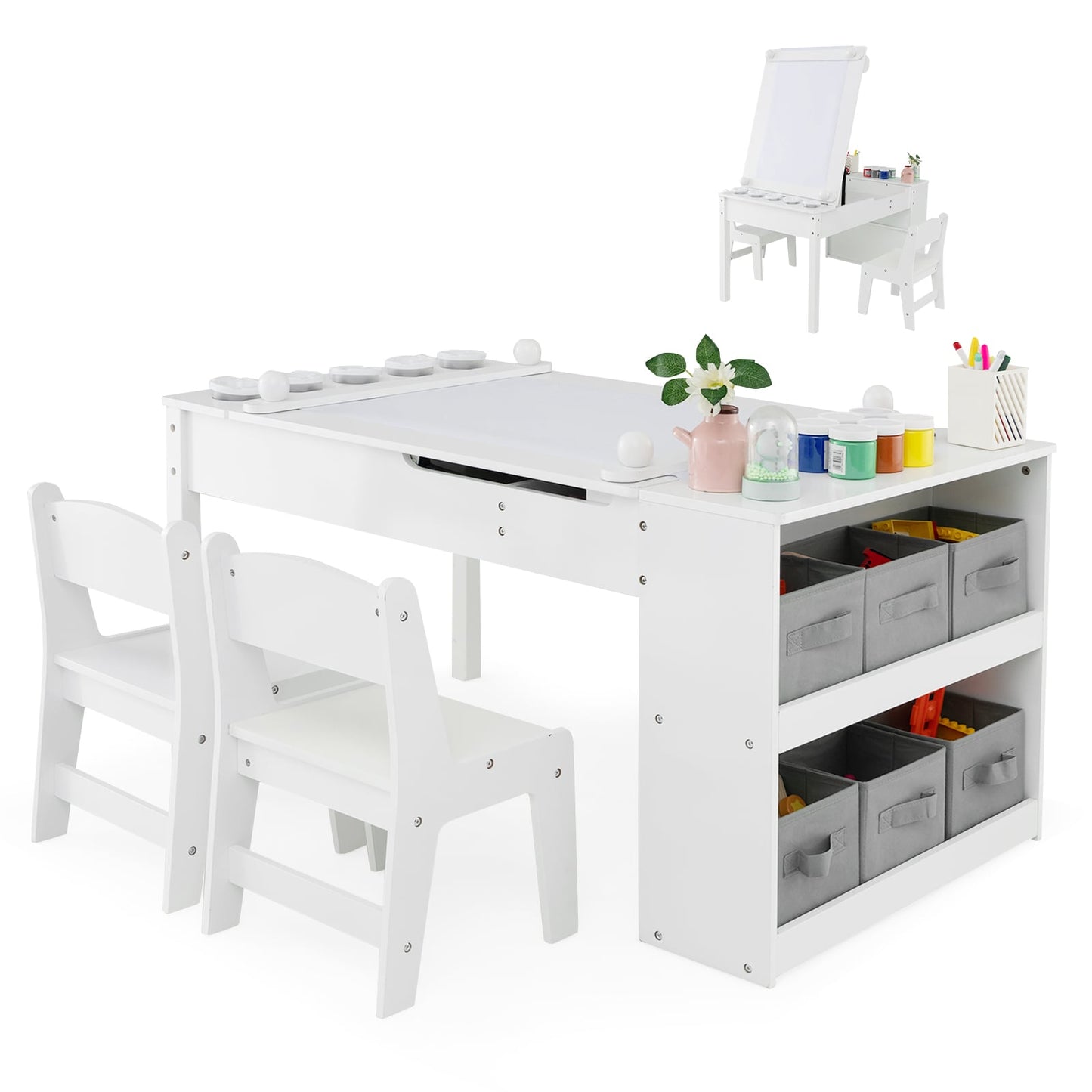 2-in-1 Kids Art Table and Art Easel Set with Chairs-White