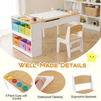 2-in-1 Kids Art Table and Art Easel Set with Chairs-Natural