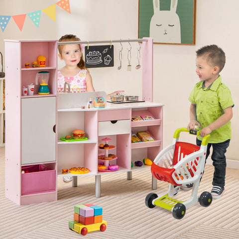 2-in-1 Kids Kitchen and Market Double-sided Play Kitchen-Pink