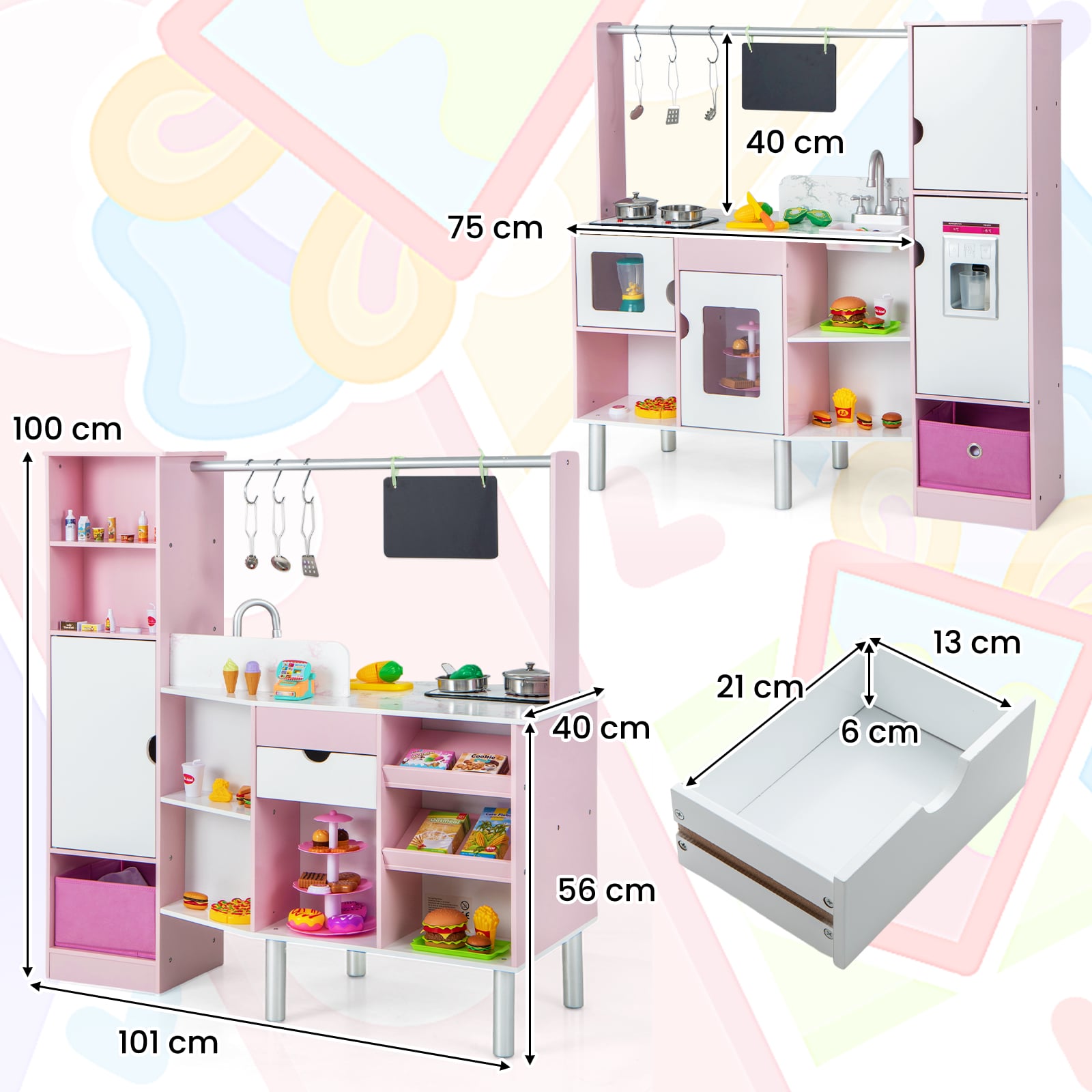 2-in-1 Kids Kitchen and Market Double-sided Play Kitchen-Pink