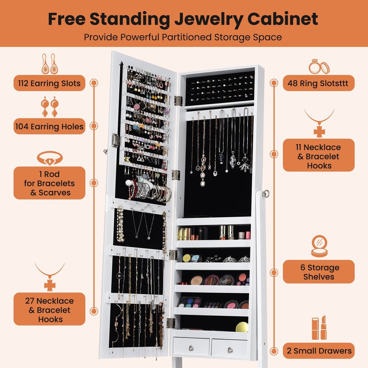 Freestanding Jewelry Cabinet with Full-Length Mirror and Drawers-White