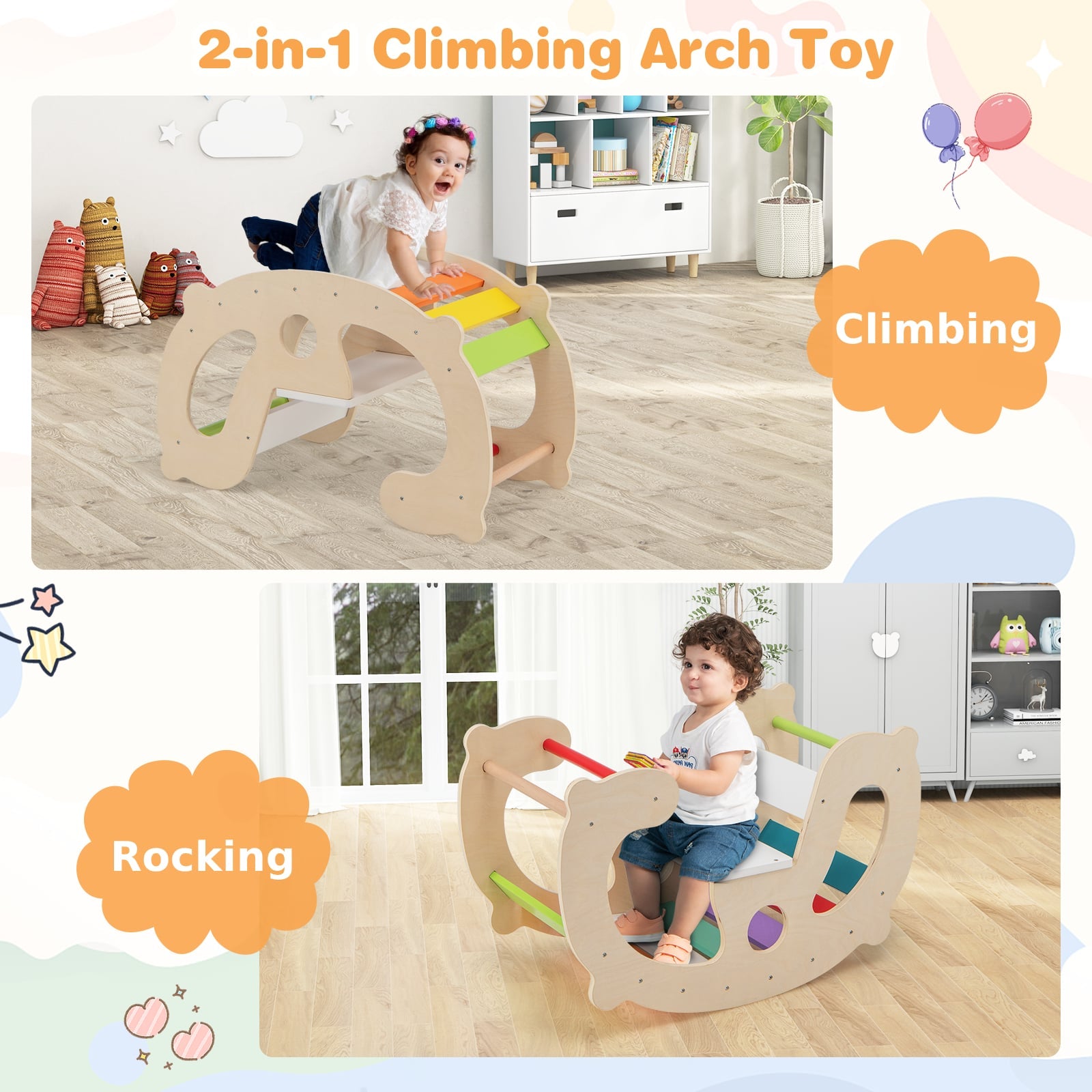 2-in-1 Rocking Horse Arch for Kids with Rocker-Natural