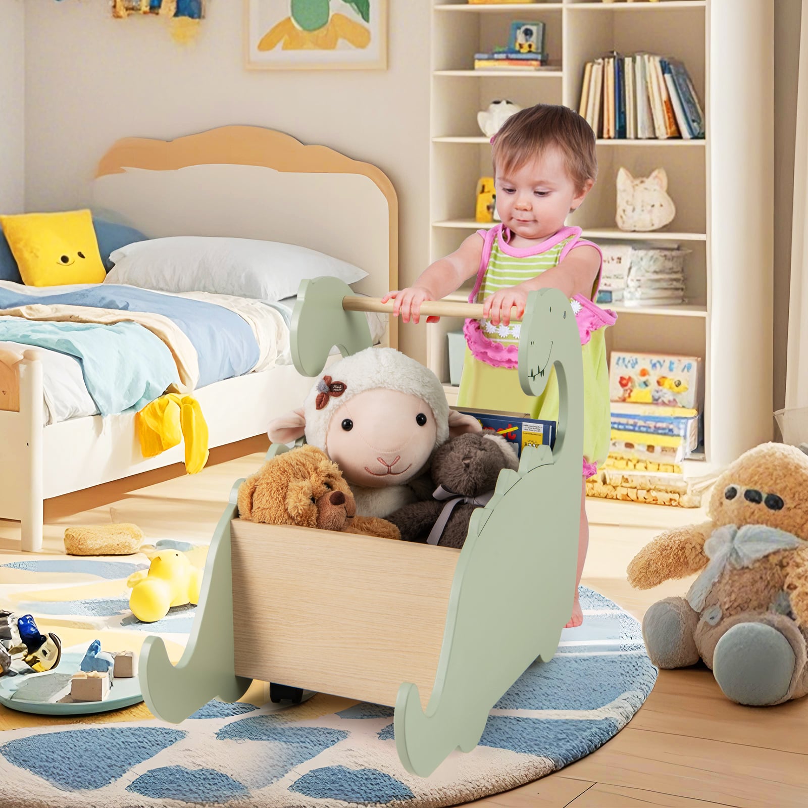 2 in 1 Wooden Baby Push Walker Toddler Shopping Cart with Pine Wood Handle-Green