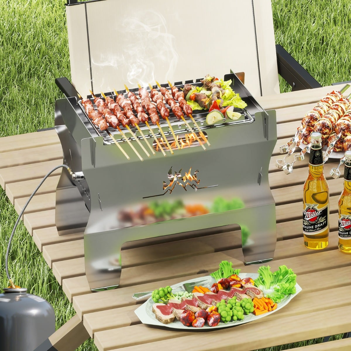 2-in-1 Camping Grill with Stainless Steel Grate and Carrying Bag-Silver