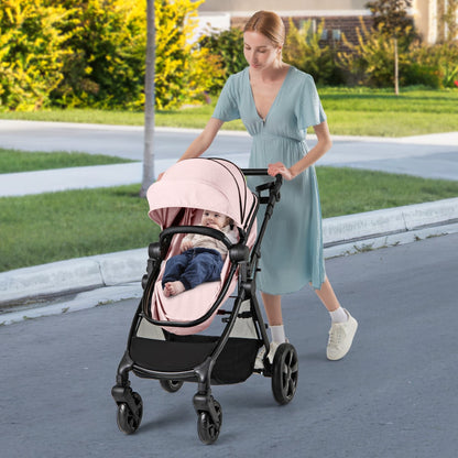 2-in-1 Convertible Baby Stroller with Reversible Seat and Adjustable Canopy-Pink