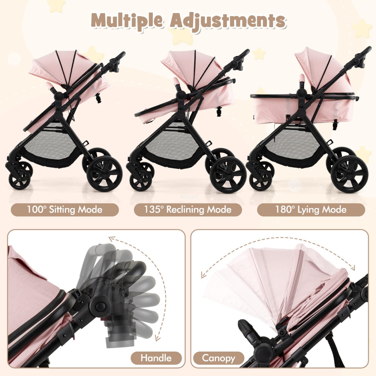 2-in-1 Convertible Baby Stroller with Reversible Seat and Adjustable Canopy-Pink