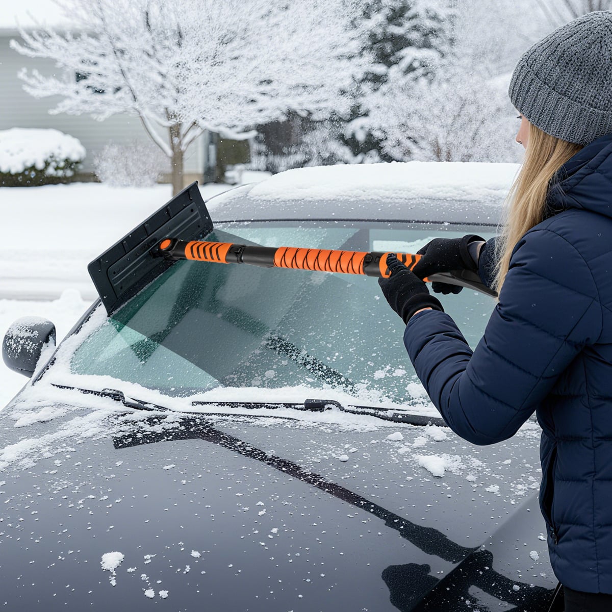 2 in 1 Extendable Snow Shovel 41” Ice Scraper-Orange