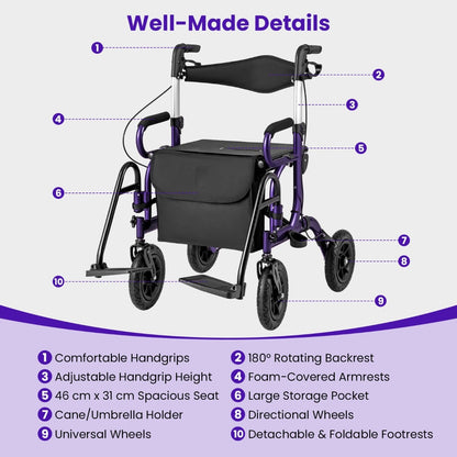 2-in-1 Foldable Rollator Walker with Seat and Pneumatic Tires for All Terrain-Purple