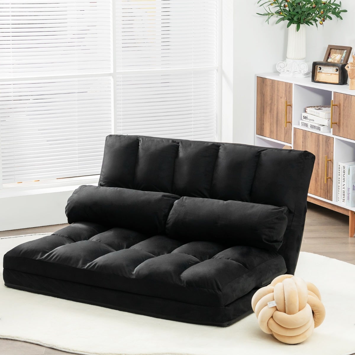 2 in 1 Folding Floor Lazy Sofa Bed with 6 Adjustable Seat Positions and 2 Pillows-Black