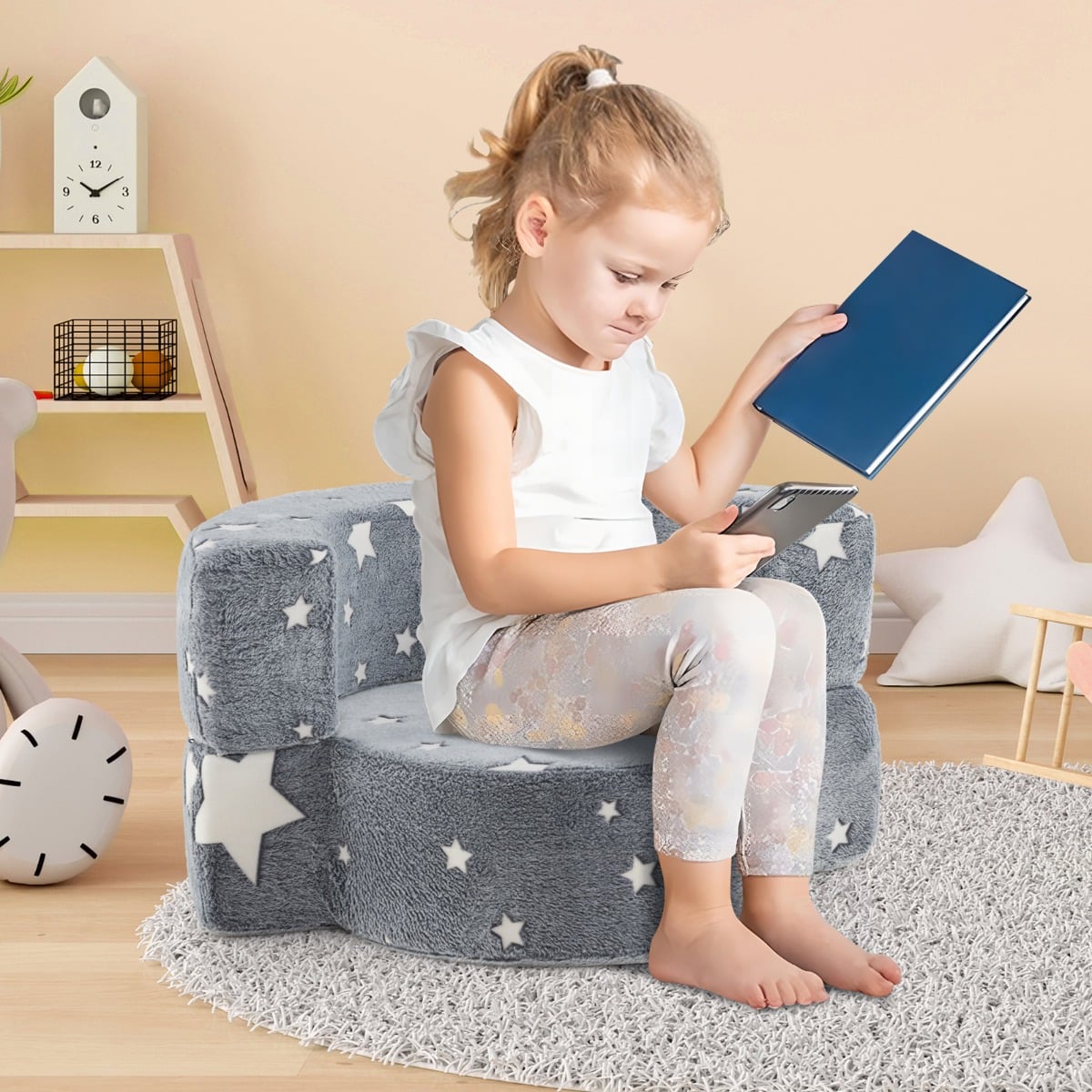 2 in 1 Glow in the Dark Sofa for Toddlers  with Machine Washable Flannel Cover-Grey