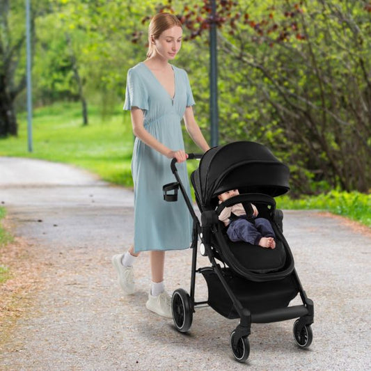 2 in 1 High Landscape Stroller with Reversible Seat and Adjustable Backrest and Canopy-Black