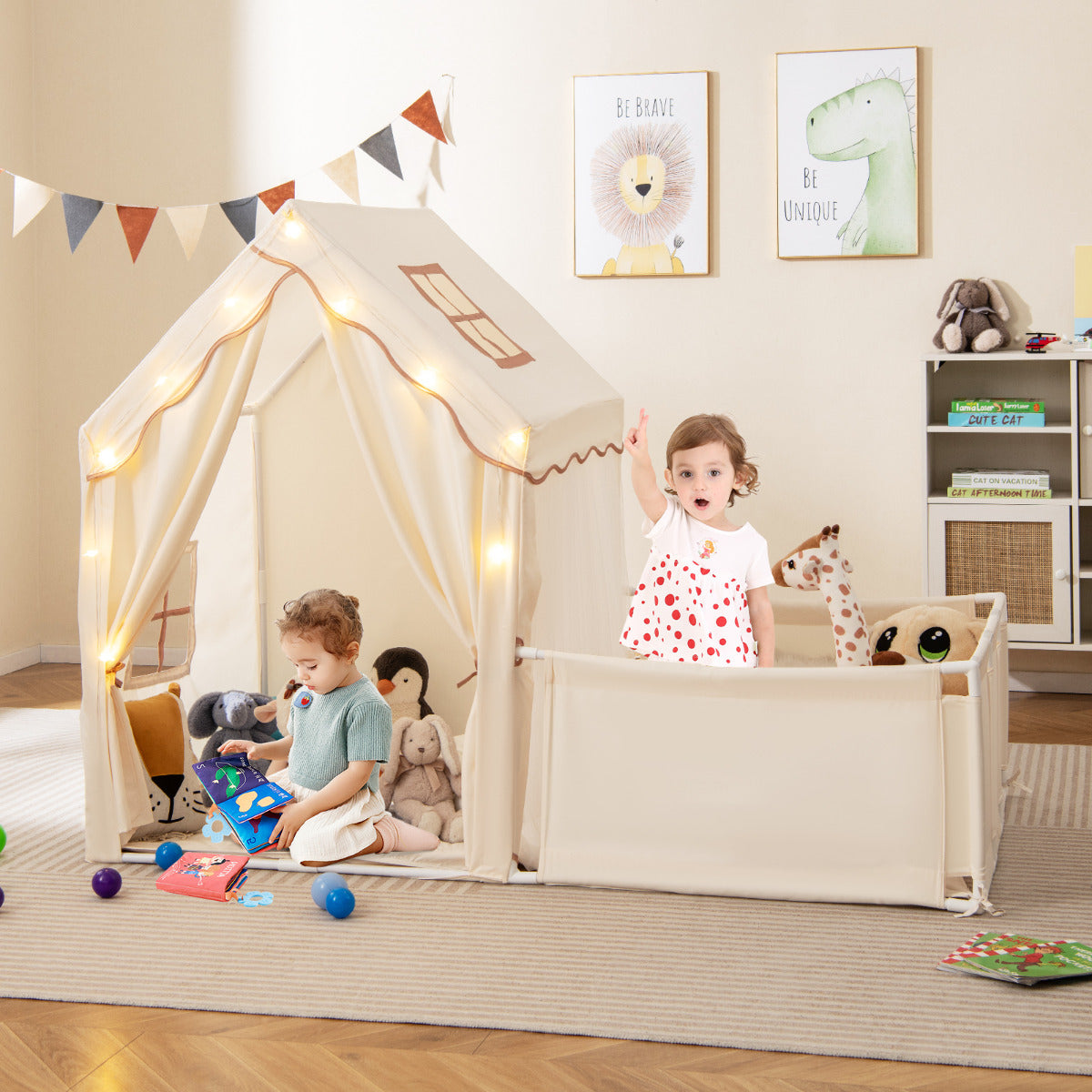 2-in-1 Kids Play Tent with Playpen and Washable Cotton Mat-Off White