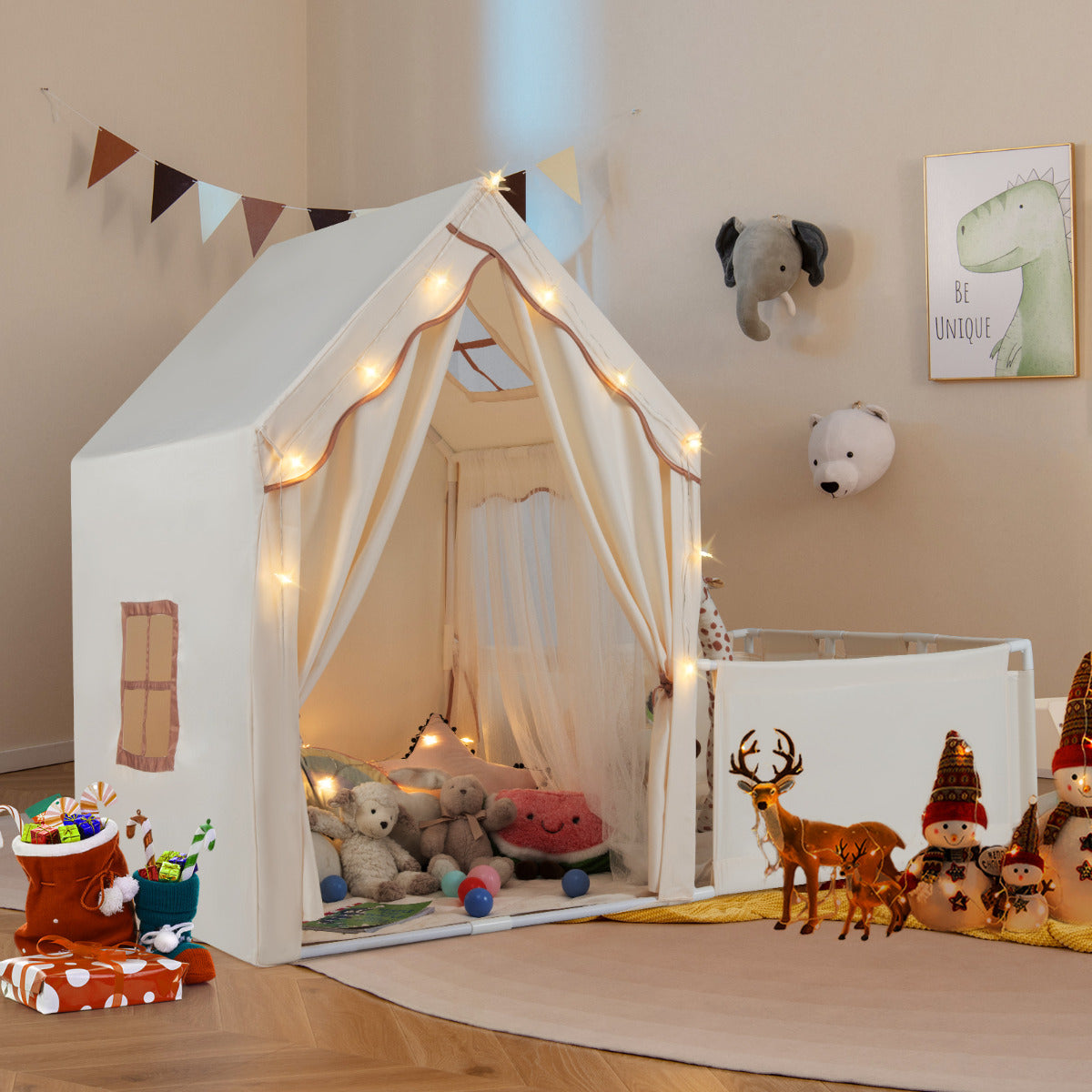 2-in-1 Kids Play Tent with Playpen and Washable Cotton Mat-Off White