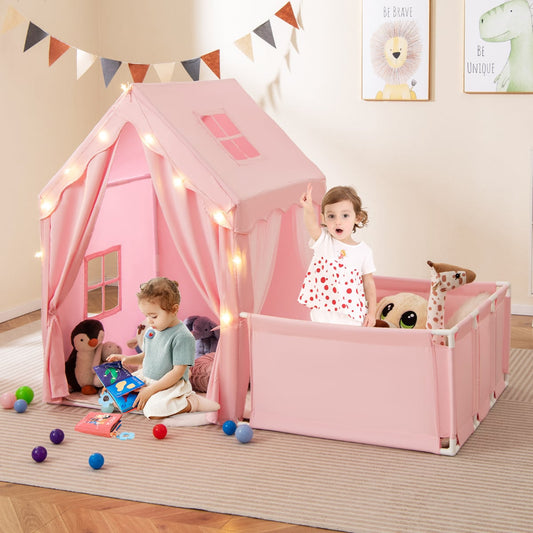 2-in-1 Kids Play Tent with Playpen and Washable Cotton Mat-Pink
