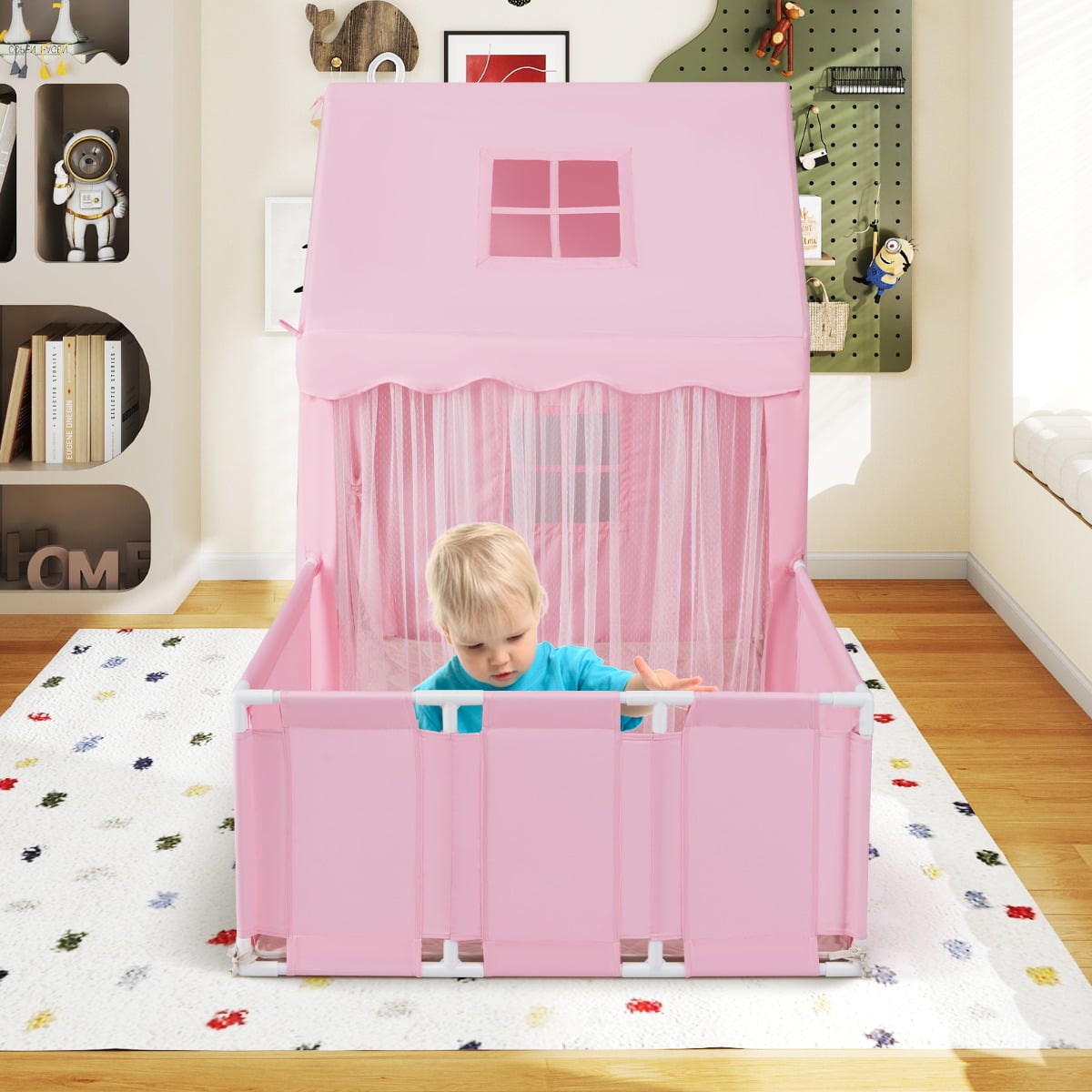 2-in-1 Kids Play Tent with Playpen and Washable Cotton Mat-Pink