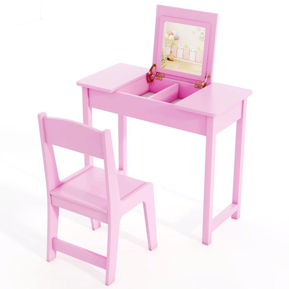 2 in 1 Kids Vanity Table and Chair Set with Flip Top Mirror Hidden Storage-Pink