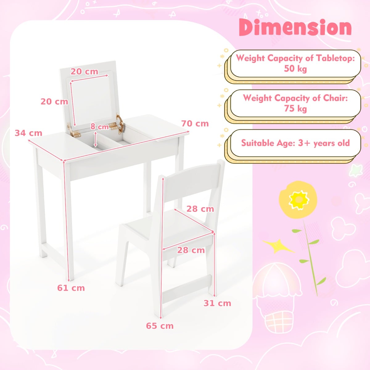 2 in 1 Kids Vanity Table and Chair Set with Flip Top Mirror Hidden Storage-White