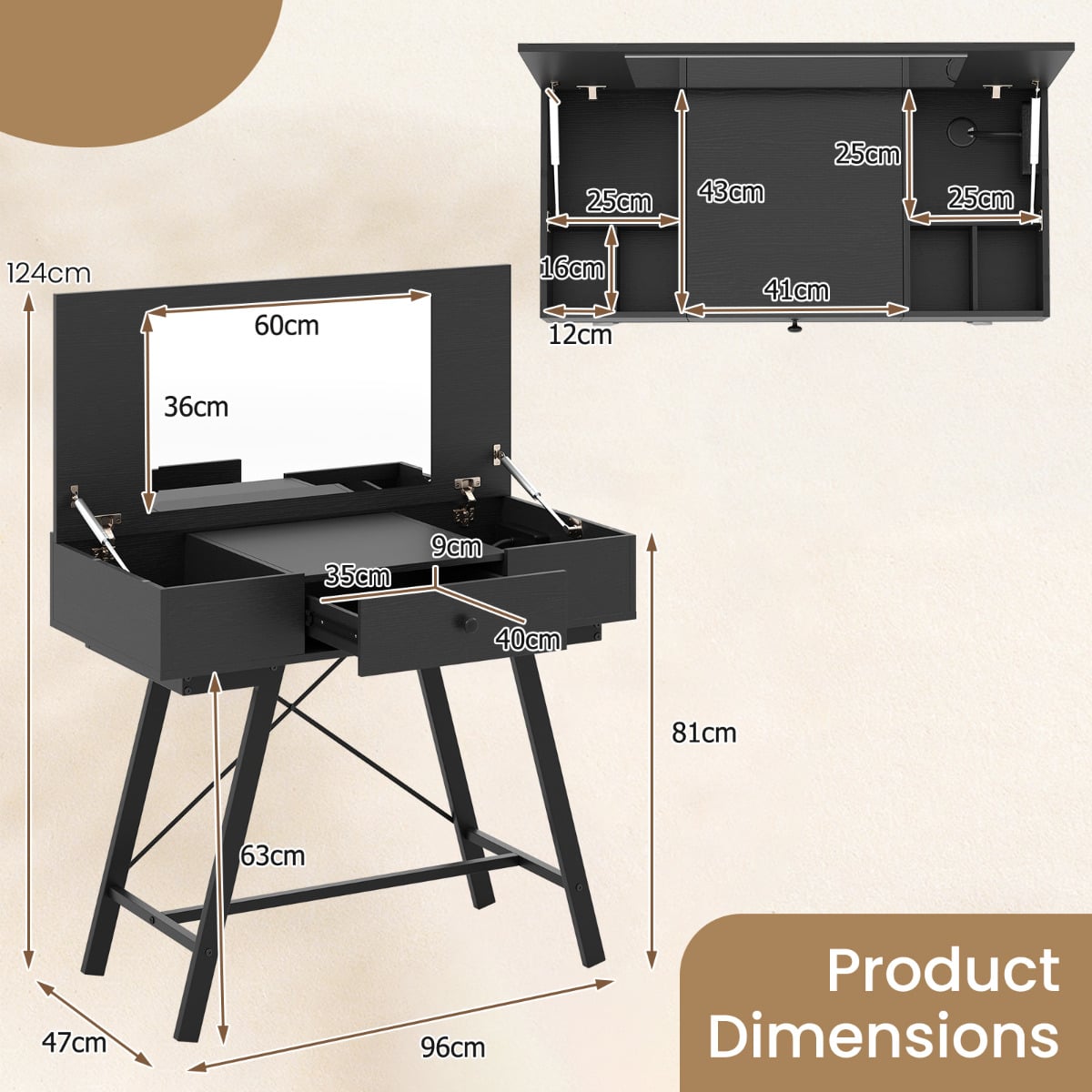 2-in-1 Vanity Desk with Mirror and Charging Station-Black