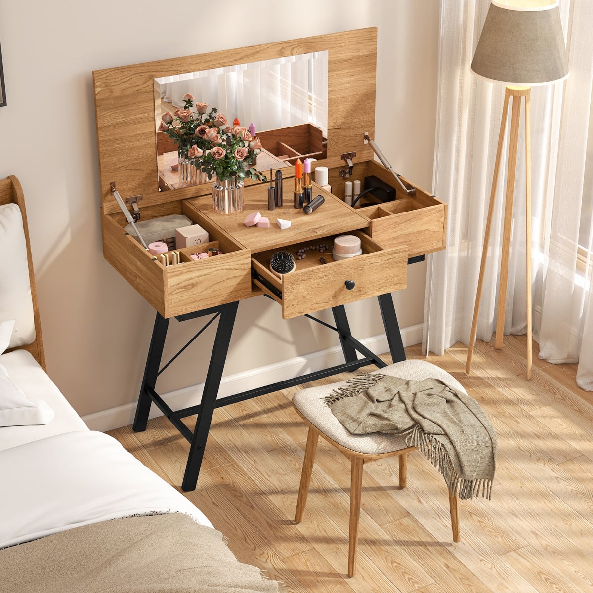 2-in-1 Vanity Desk with Mirror and Charging Station-Natural