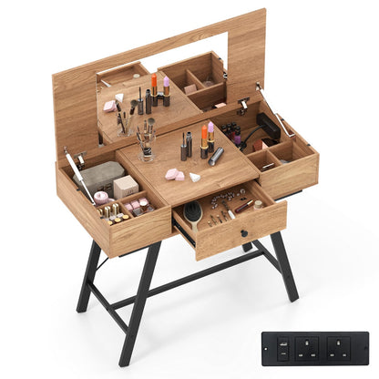 2-in-1 Vanity Desk with Mirror and Charging Station-Natural