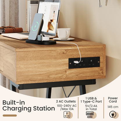 2-in-1 Vanity Desk with Mirror and Charging Station-Natural