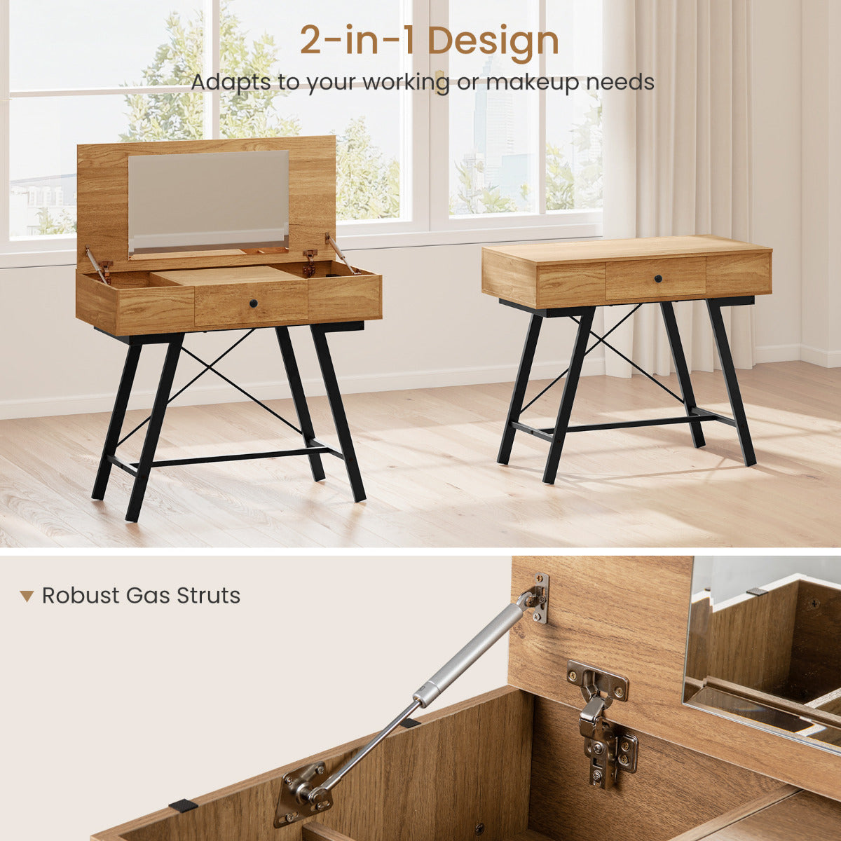 2-in-1 Vanity Desk with Mirror and Charging Station-Natural