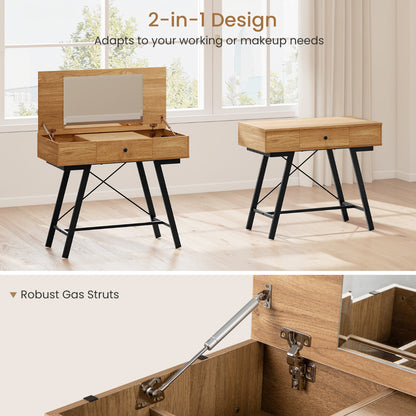 2-in-1 Vanity Desk with Mirror and Charging Station-Natural