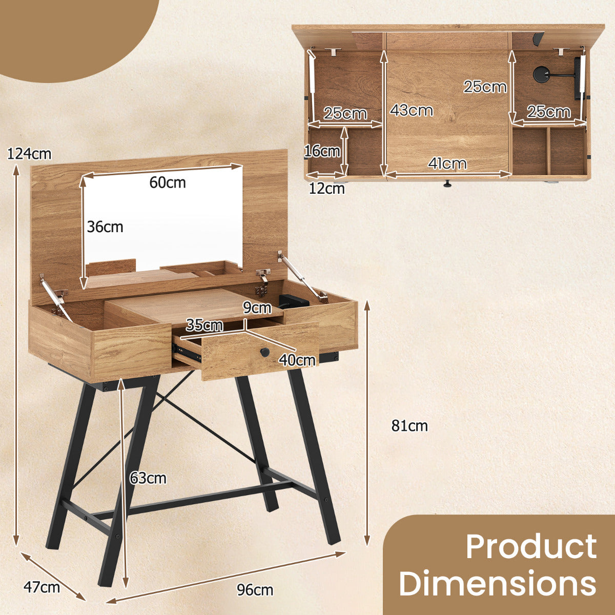 2-in-1 Vanity Desk with Mirror and Charging Station-Natural