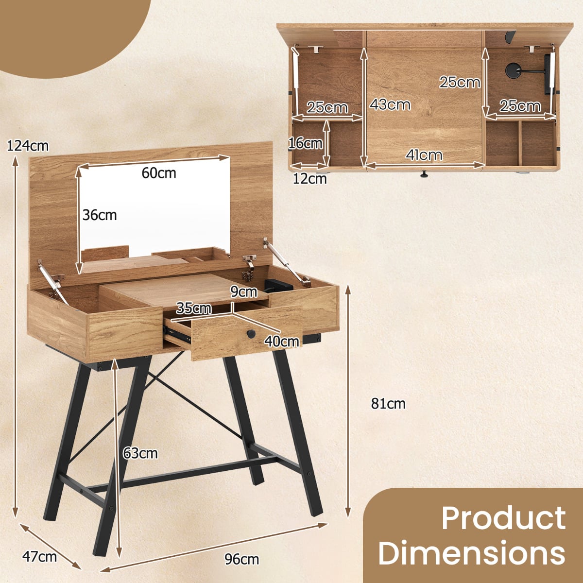 2-in-1 Vanity Desk with Mirror and Charging Station-Natural