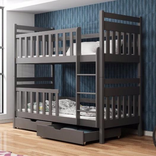 Gray bunk bed with a ladder and drawers in a room with blue wallpaper.