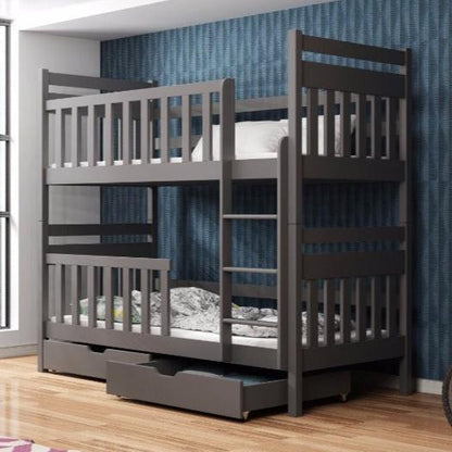 Gray bunk bed with a ladder and drawers in a room with blue wallpaper.