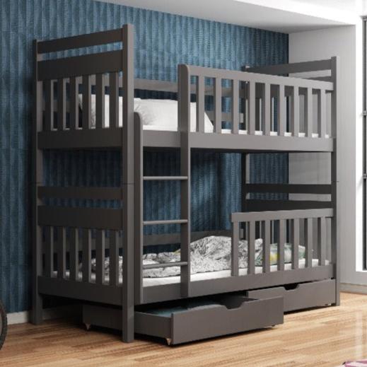 Gray bunk bed with a drawer in a room with blue patterned wallpaper.