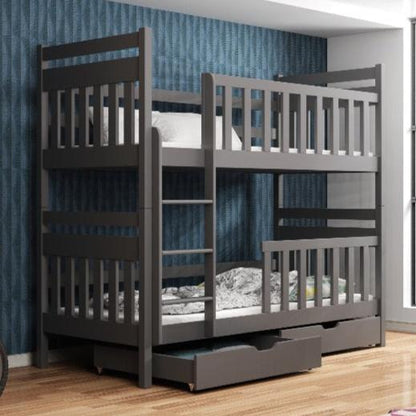 Gray bunk bed with a drawer in a room with blue patterned wallpaper.