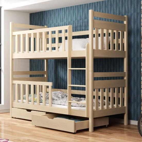 Beige bunk bed with a ladder and drawers in a room with blue wallpaper.
