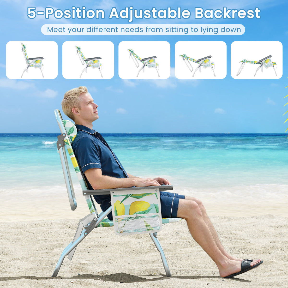 2-Pack Beach Chairs 5-Position Adjustable Folding Chair with Towel Bar-Green