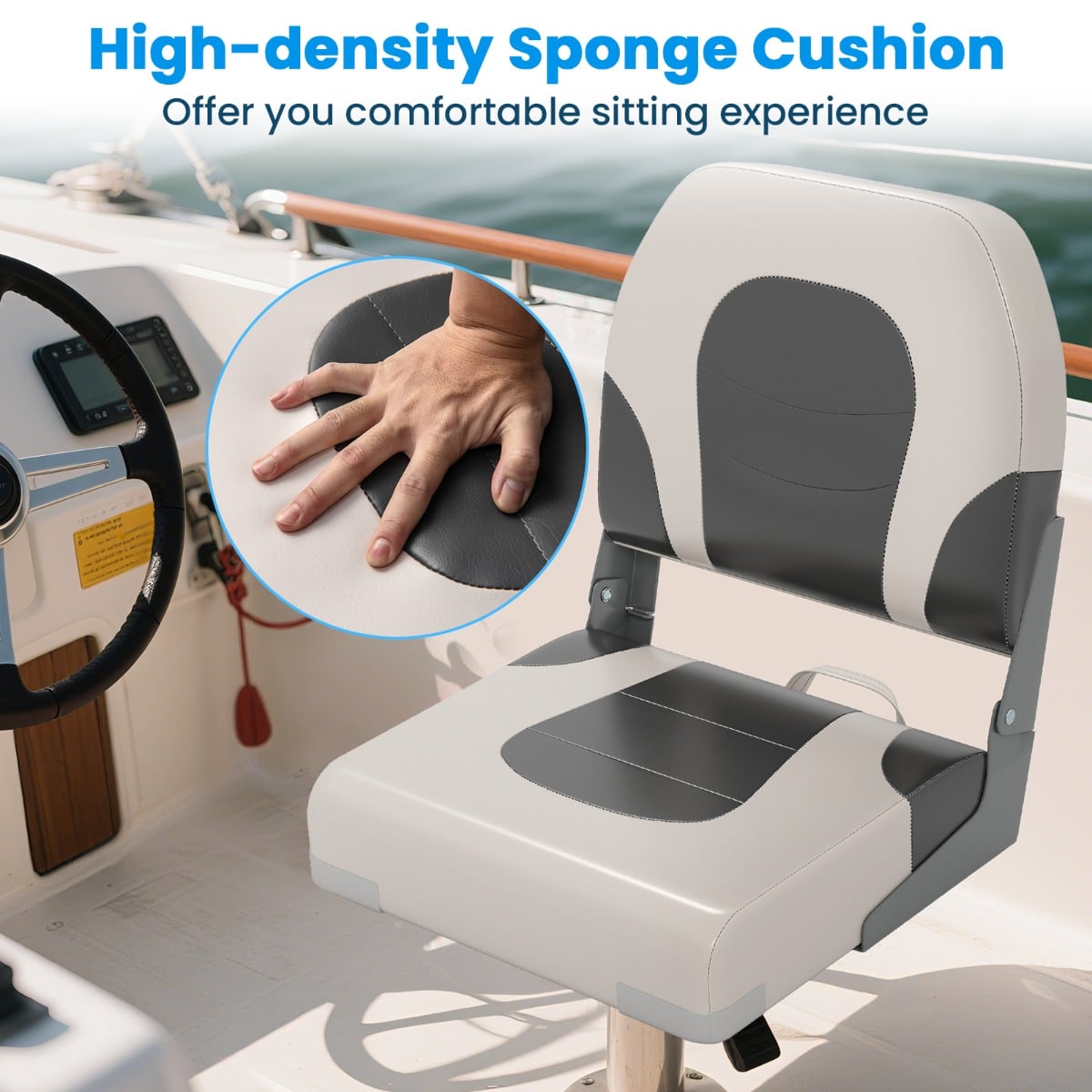 Upholstered Folding Captain Boat Chair with Padded Seat and Back-Grey