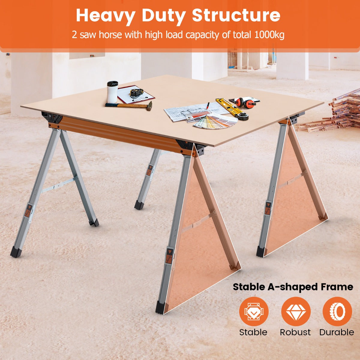 2 Pack Saw Horses with Folding Design  Non-slip Pads and Surface-Orange