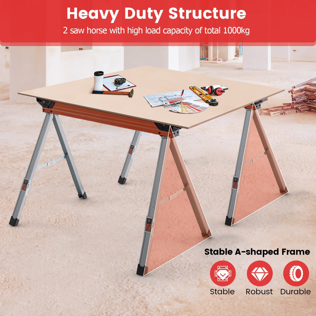 2 Pack Saw Horses with Folding Design  Non-slip Pads and Surface-Red