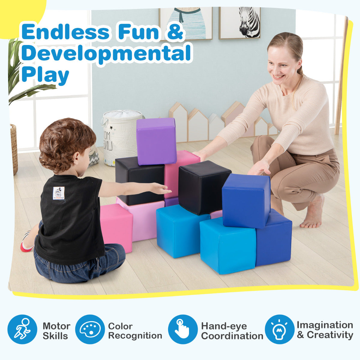 12 PCS Foam Building Blocks 5.5" x 5.5" Colorful Climbing Foam Soft Cubes for Kids-Multicolor