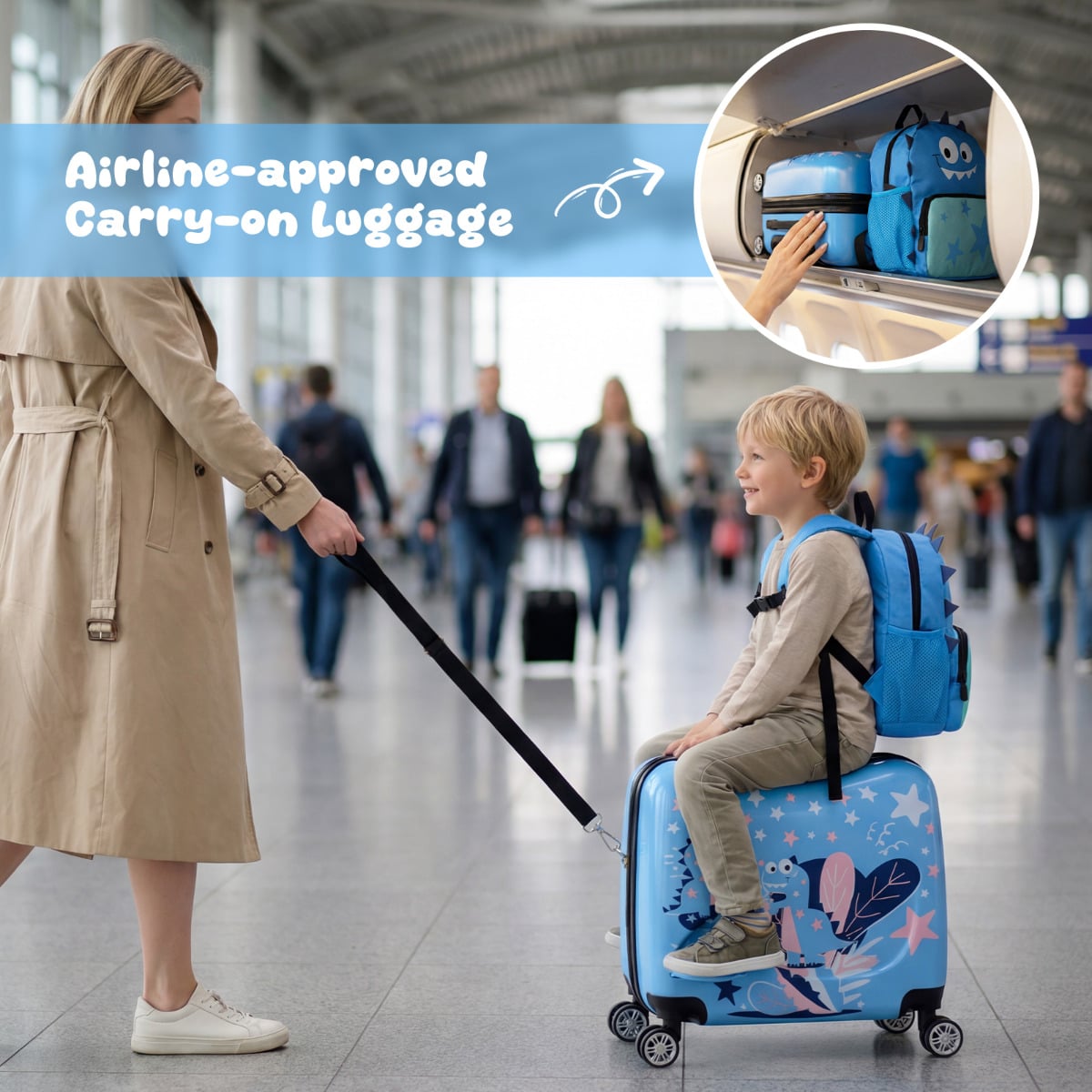 2 Pieces Kid Luggage Set with Spinner Wheels and Lanyard for Carry Strap-Blue