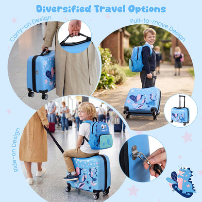 2 Pieces Kid Luggage Set with Spinner Wheels and Lanyard for Carry Strap-Blue